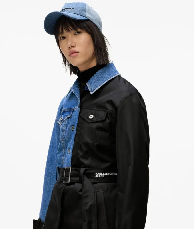 Denim-paneelinen trenssitakki
