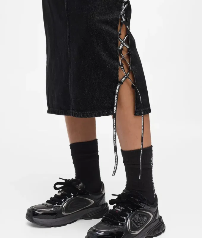 Nauhallinen denim-midihame Nauhallinen denim-midihame